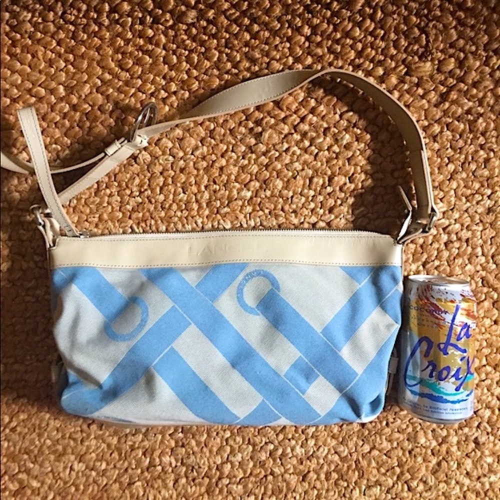 LANCEL EUROPE DESIGNER PATTERN FABRIC TAN WHITE LEATHER SHOULDER BAG PURSE